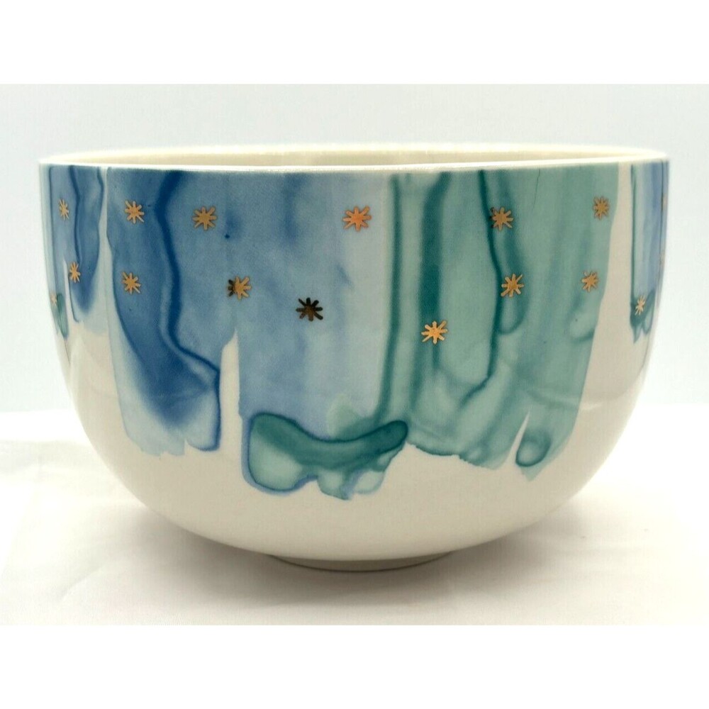 Anthropologie‎ Night Sky Bowl Stoneware Blue Teal Drip Watercolor Wash Gold Star